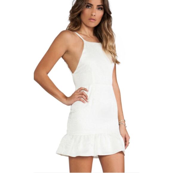 Stone Cold Fox Jacquard Pistol Backless Mini Dress 2 M/L White Satin Ruffle Hem - Picture 2 of 9